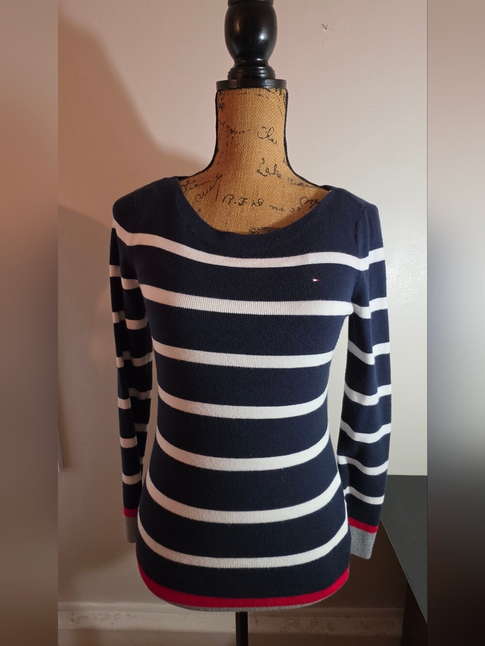 Striped Navy and White Scoop Neck Sweater - Tommy Hilfiger